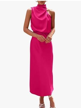 PrettyGarden Satin Mock Neck Midi Dress Hot Pink Fuchsia XL Wedding Guest